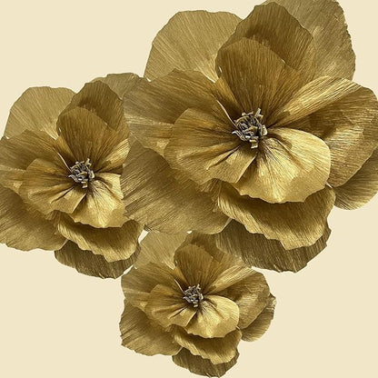 BRT Bearingshui Crepe Paper Flowers Decoration for Wall Total 6 Pcs, Artificial Flowers for Wedding Decor,Flower Backdrop Decor, Baby Bridal Shower Birthday Party, Gold 3D Wall Flowers Decor