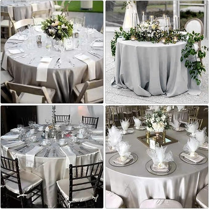 12 Pack 120 Inch Silver Satin Tablecloth - Premium Bright Silky Round Tablecloth Overlay Smooth Fabric Table Cover, Table Decoration for Wedding Party Banquet Events Restaurant Kitchen Dining
