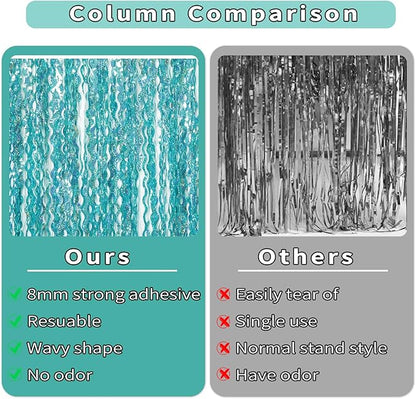 4 Pack 3.3 ft x 6.6 ft Wavy Sparkle Aqua Teal Blue Foil Curtain - Water Blue Foil Streamers for Holiday Bachelorette Ocean Themed Decor Winter Party Decorations Supplies