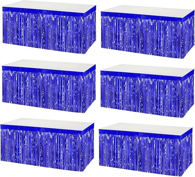 6 Pack 29x108 Inch Metallic Foil Fringe Tinsel Table Skirts Banner for Rectangle Tables Streamer Garland Curtains Backdrop for Wedding, Birthday, Parade Floats, Christmas Party Decoration(Blue)