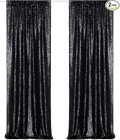 Poise3EHome Black Sequin Backdrop Curtains, 2 Panels 2FTx8FT Glitter Photo Booth Backdrop for Halloween Birthday Bachelorette Wednesday Twilight Party Decorations