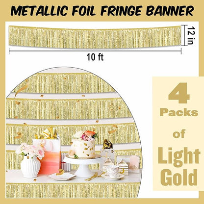 4 Pack 10 Ft Light Gold Foil Fringe Garland Metallic Streamers Tinsel Banner Wall Hanging Garland Backdrop for Parade Floats, Halloween, Christmas, Thanksgiving, New Year Party Decorations