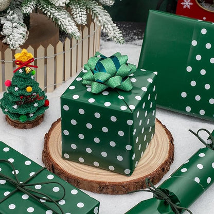 Flyhill Green Wrapping Paper Roll,Reversible Gift Wrap Paper with Polka Dot Design for Birthday,Christmas,Holiday,Party(17 Inch X 32.8 Feet)