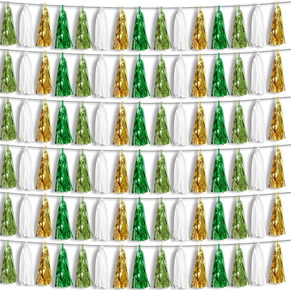 6P Sage-Green Beige-Mint Gold Foil Fringe Metallic Tassel Garland Banner, Tassels Banner Streamers for Parade Floats, Bachelorette, Wedding, Birthday, Christmas, Bridal/Baby Shower Party Decorations
