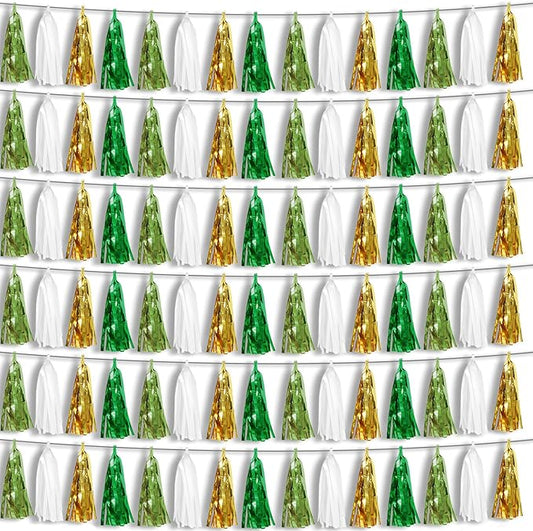6P Sage-Green Beige-Mint Gold Foil Fringe Metallic Tassel Garland Banner, Tassels Banner Streamers for Parade Floats, Bachelorette, Wedding, Birthday, Christmas, Bridal/Baby Shower Party Decorations
