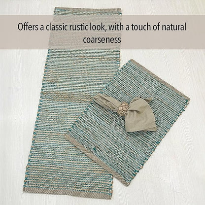 Chardin home Natural Jute Table Runner 13x36 Inch – Vintage Boho Rustic Table Decor – Handwoven Table Runner in Natural Jute and Aqua Turquoise – Farmhouse Dining or Console Table Accent