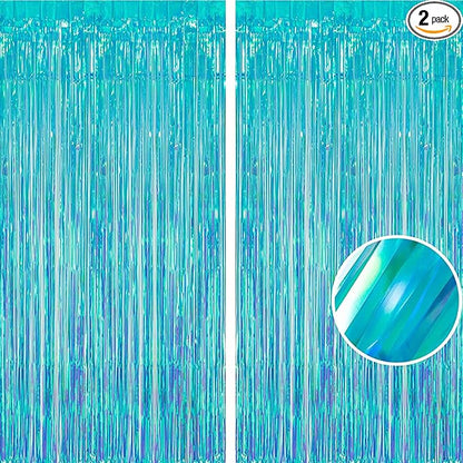 BRAVESHINE Party Decorations Iridescent Foil Fringe Backdrop - 2 Packs 3.2 x 6.5 ft Holographic Tinsel Backdrop Party Streamers Curtain for Birthdays Mermaid Sea Frozen Christmas Parties - Clear Blue