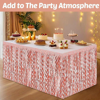 6 Pack 29x108 Inch Rose Gold Wave Foil Fringe Table Skirts Metallic Banner for Tinsel Streamer Garland Backdrop for Parade Floats Mother's, Graduate, Mardi Gras, Birthday, Wedding Party Decorations