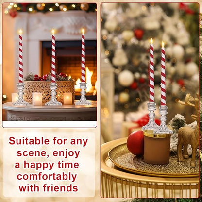 Baquler 6 Pcs Christmas Flameless Taper Candles 10.6 Inch Glitter Candy Cane Candles Battery Operated LED Christmas Candlesticks for Xmas Centerpiece Holiday Party Decor
