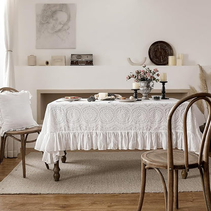 patdrea Vintage Ruffle Tablecloth for Rectangle Tables,Farmhouse Embroidered Cotton White Lace Table Cloth Cover Decor for Dining Room Wedding Banquet Thanksgiving Christmas,59"*83"