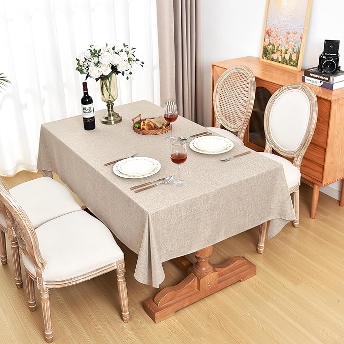 Fitable Faux Linen Beige Tablecloths for Rectangle Tables - 90 x 132 Inch - 6 Pack Fabric Textured Washable Table Clothes Floor Lenghth Table Covers for Wedding, Party, Banquet, Birthday