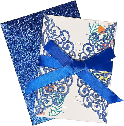 50Pcs Laser Cut Blue Wedding Invitation With Glitter Envelopes And Ribbons Blank Personalized Card Invitaciones Para quinceañera Birthday Baby Shower Christmas Party Bridal Shower