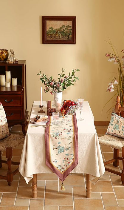 patdrea Designer Idyll Linen Table Runner, Vintage Beige Farmhouse with Ancient Spring Figure and Fruit Trees Pattern Table Mat, Decoration for Kitchen Dining Banquet Christmas ,12"*87"