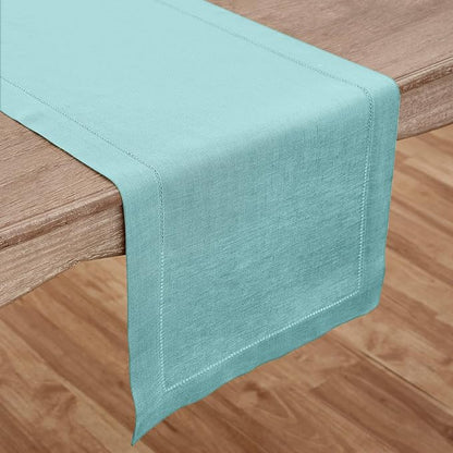 Solino Home Linen Aqua Blue Table Runner 60 Inches - Classic Hemstitch, 100% Pure Linen Coffee Table Runner 14 x 60 Inch Ideal for Dresser Tables