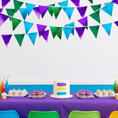 Blue Green Purple Party Decorations Metallic Fabric Triangle Pennant Banner Flag Bunting for Men Boys Video Game Theme Birthday Graduations Retirement Wedding Bachelor Baby Shower Party Supplies
