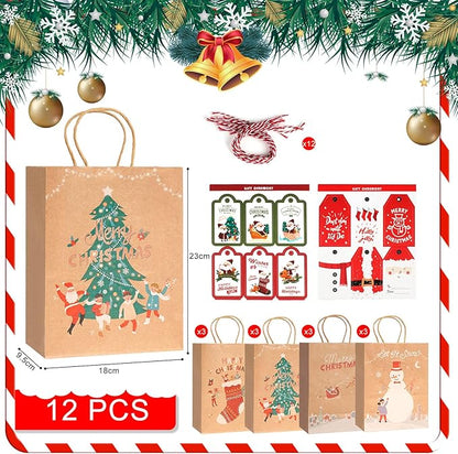LYLIN 12Pcs Kraft Christmas Gift Bags with Handles, Small Xmas Treat Bags Reusable Gift Bags for Wrapping Gifts, Party Favors and Holiday Decor