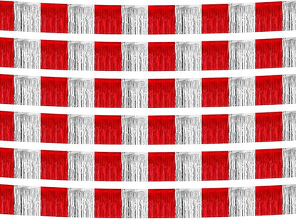 6 Pack 10 Feet Red Silver Foil Fringe Garland Metallic Tinsel Streamers Banner Wall Hanging Curtain Backdrop Banner for Parade Floats, Thanksgiving, Christmas, Birthday, Halloween Party Decorations