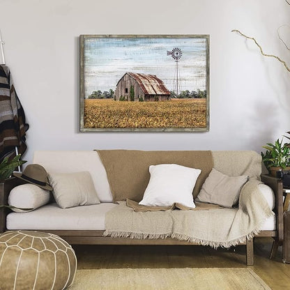 Vintage Farmhouse Wall Art Framed - Rustic Windmill Landscape Painting Artwork for Wall Decor
