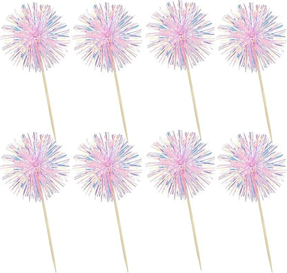 Ephlyn 30Pcs Foil Firework Cupcake Toppers Happy Birthday Cake Toppers Tinsel Flower Drink Stirrers Cocktail Food Fruit Toothpicks for Valentine's Day Party Decorations Pink