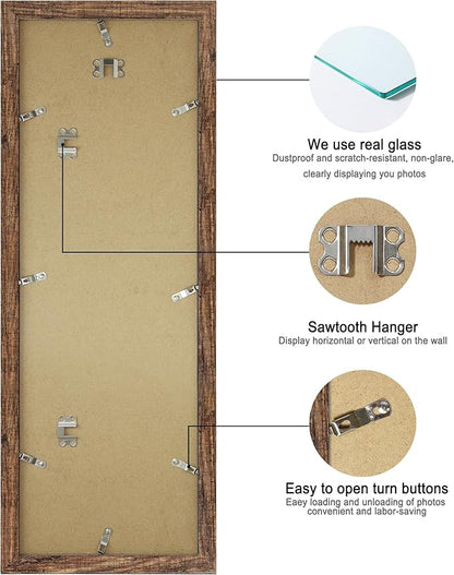 8x24 Picture Frame 2 Pack, Rustic Brown Wood Frame with Tempered Glass, Display Pictures Multiple Five 4x6 With Mat or 8 x 24 Without Mat - Horizontal or Vertical Wall Mounting