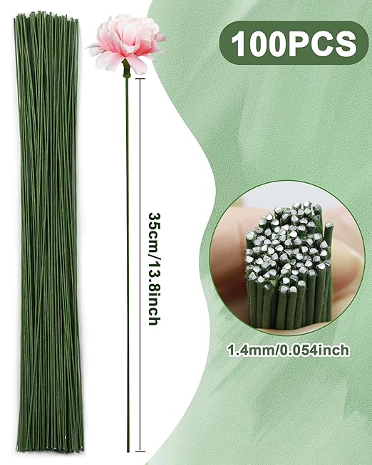 100 PCS FIVEIZERO 18 Gauge Green Floral Wire Stems for Artificial Flower Making,Florist Wire,Flower Wires for Crafts,Alambre para Flores for Wreaths, Flower Arrangements and DIY Projects