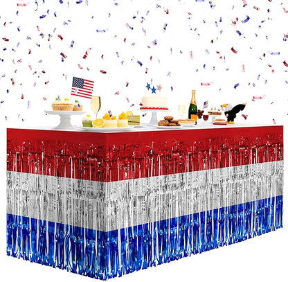 2 Pack Red&White&Blue Table Skirts, 29x108" Metallic Foil Tinsel Fringe Table Skirt for Rectangle Tables Streamer Curtains Backdrop, Party Decorations for Birthdays, Weddings, Holidays