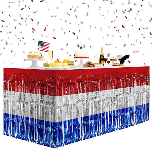 2 Pack Red&White&Blue Table Skirts, 29x108" Metallic Foil Tinsel Fringe Table Skirt for Rectangle Tables Streamer Curtains Backdrop, Party Decorations for Birthdays, Weddings, Holidays