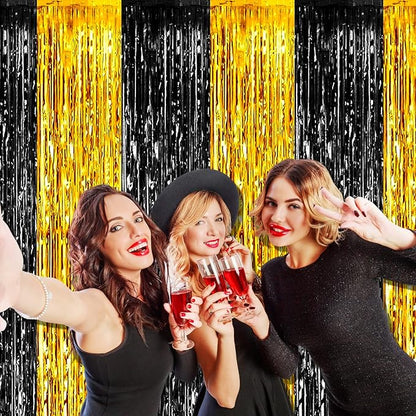 4 Pack Black Gold Foil Fringe Curtain Backdrop, 3.28Ft x 8.2Ft Metallic Tinsel Foil Fringe Streamers Curtains for Photo Booth, Wedding, Graduation, Birthday, Carnival Party Decoration