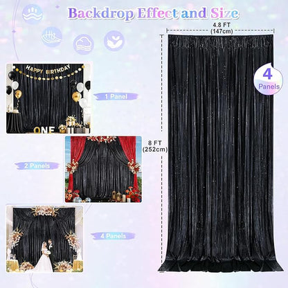 Black Backdrop for Parties 4 Panels 4.8x8FT Sequin Curtains Backdrop Drapes Giltter Photo Photography for Wedding Bridal Baby Shower Graduation