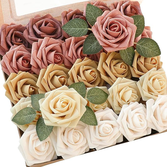 Floroom Artificial Flowers 25pcs Real Looking Burnt Orange Ombre Colors Foam Fake Roses with Stems for DIY Wedding Bouquets Bridal Shower Centerpieces Floral Arrangements Party Tables Home Decorations