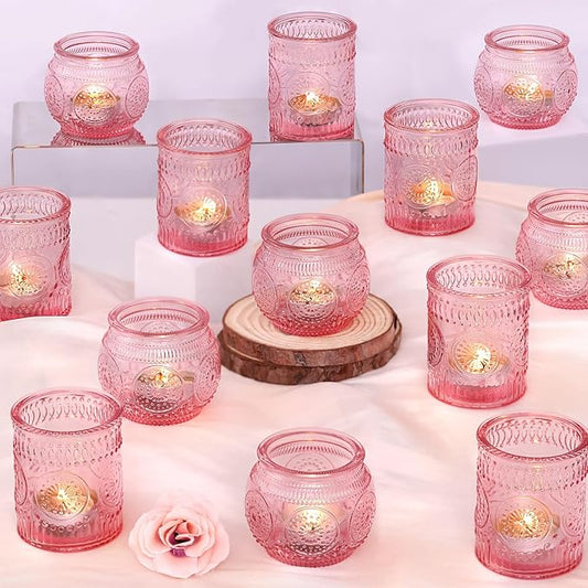 DARJEN 24Pcs Pink Votive Candle Holders- Glass Candle Holders Bulk for Flameless LED Tea Waxes, Romantic Candle Holder for Wedding Decor, Various Parties & Dinner Table