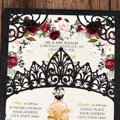 50Pcs Gold Crown Invitations for Quinceanera, 15 year, Sweet 16, Miss XV, Birthday Laser Cut Quince Invitation Cards Personalized Pearlized Black