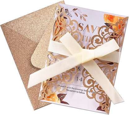 50Pcs Laser Cut Wedding Invitation With Glitter Envelopes And Ribbons Blank Personalized Card Invitaciones Para quinceañera Birthday Baby Shower Christmas Party Bridal Shower (Rose Gold)