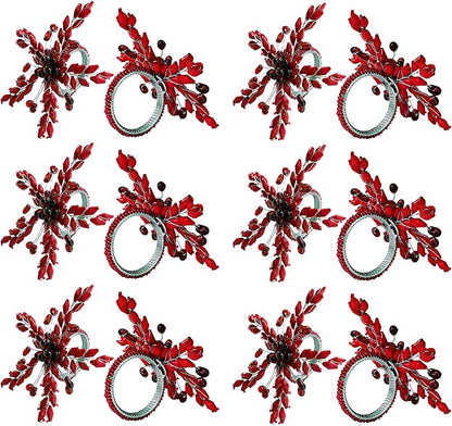 Napkin Rings Set of 12 for Dining Table Decoration Parties Everyday Metal Napkin Holder Leaf Red (Pack of 12)