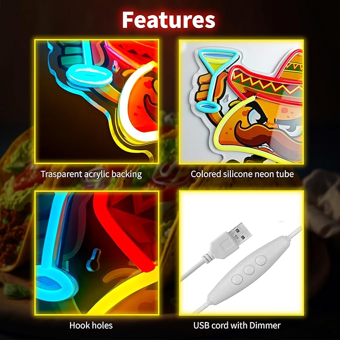 Tacos Neon Sign for Wall Decor,Dimmable Led Tacos Neon Light for Mexican Restaurant Decor Mexican Burritos Led Light Neon Light for Shop Restaurant Window Fast Food Shop Wall Decoration