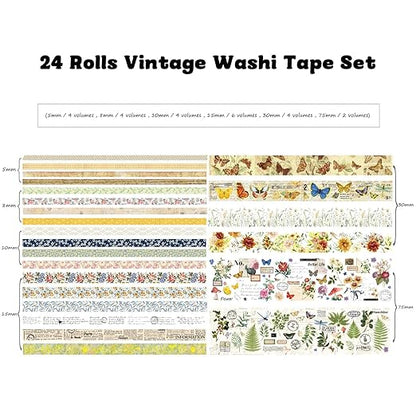 24 Rolls Vintage Washi Tape Set, Floral Letter Butterfly Mushroom Botanical Flower Writable Decorative Tapes for Scrapbooking , Junk Journal supplies, Bullet Journaling 5-75mm Wide 9.84ft long/Roll