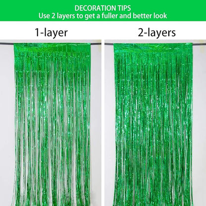 Foil Fringe Curtains April fool's Day Decorations - Melsan 3 Pack 3.2 x 8.2 ft Green Tinsel Curtain Party Photo Backdrop for Birthday Party Baby Shower or Graduation Decorations