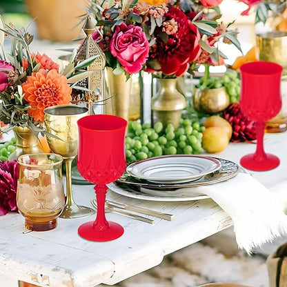JLYLOL Plastic Vintage Wine Glasses 7OZ Plastic Goblets Vintage Drinking Glasses 12PCS Retro Wedding Glassware Water Goblets Reusable Drinking Cups for Party,Reception,Celebration,Bar,Whiskey(Red)
