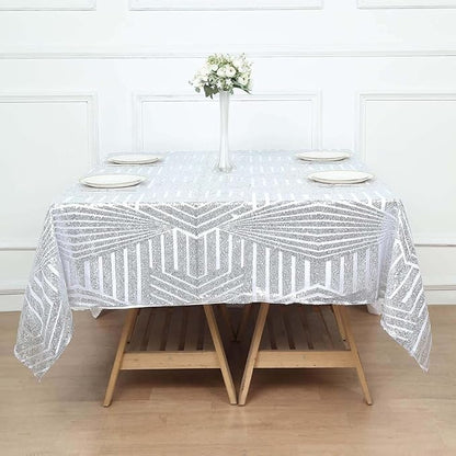 Efavormart 72" Silver Sparkly Sequin Geometric Tulle Square Table Overlay