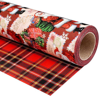 Ulmasinn Reversible Christmas Wrapping Paper Roll - 17" x33ft Double-Sided Designs with Santa and postcard & Plaid for Xmas Gift Wrap for Presents, Table Decor & Crafting