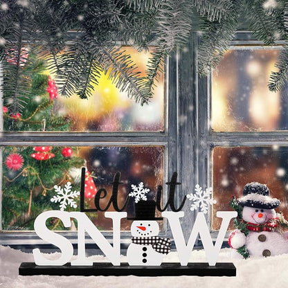 Winter Metal Sign Let It Snow Table Decor Christmas Tiered Tray Decor with Wooden Base Metal Black and White Snowman Snowflake for Xmas Home Tabletop Centerpiece Mantel Shelf Fireplace