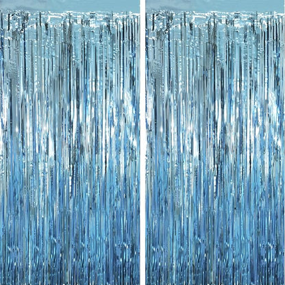 2 Pack Light Blue Tinsel Foil Fringe Curtains, Blue Party Decorations, Metallic Tinsel Party Streamers Backdrop for Birthday Baby Shower Graduation Wedding Anniversary Party Decorations