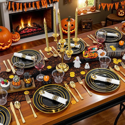 175PCS Black and Gold Plates - Black Disposable Plates for Party - 25Guests Disposable Dinnerware Set for Halloween/New Year/Wedding