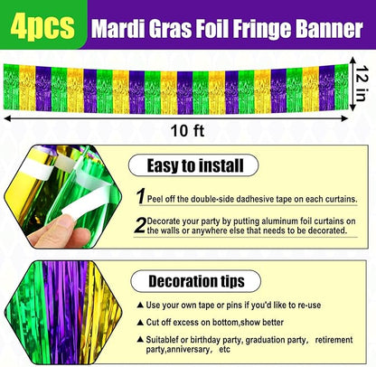 4 Pack 10 Feet Gold Green Purple Foil Fringe Garland Metallic Tinsel Streamers Banner Wall Hanging Curtain Backdrop for Parade Floats, Wedding, Graduate, Mother's Day, Birthday Party Decoration