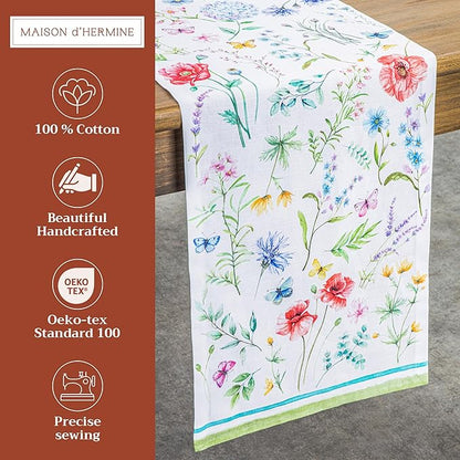 Maison d' Hermine Table Runner 100% Cotton Single Layer Table Runners 108 inches Long Decorative for Home Kitchen Dining Party Wedding Bridal Shower Spring Summer (Just Floral, 14.50" x 108")