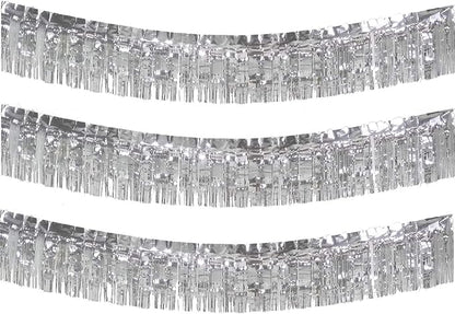 10 Feet Long Roll Foil Fringe Garland - Pack of 3 | Shiny Metallic Tassle Banner | Ideal for Parade Floats, Bridal Shower, Wedding, Birthday | Wall Hanging Fringe Garland Banner (Silver)