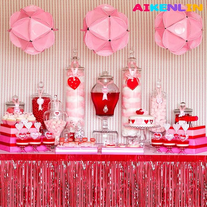 6 Pack 29x108 Inch Metallic Foil Fringe Tinsel Table Skirts Banner for Rectangle Tables Streamer Garland Curtains Backdrop for Wedding, Birthday, Parade Floats, Christmas Party Decoration(Red)