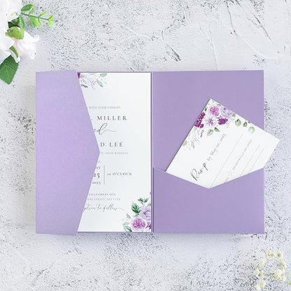 20 PCS Lilac Tri-fold Laser Cut Wedding Invitation Pockets for 5x7 Wedding Cards Bridal Shower Engagement Quinceanera Invitation