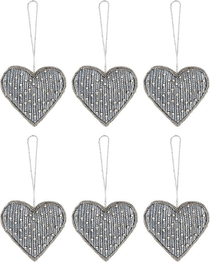 Set of 6 Beaded Heart Ornaments - Rustic Hanging Love Decorations, Farmhouse Wall Decor, Romantic Gifts for Her, Him, or Couples - Handmade Valentine’s Day & Mother’s Day Decor (Grey) - CLEENTABLE