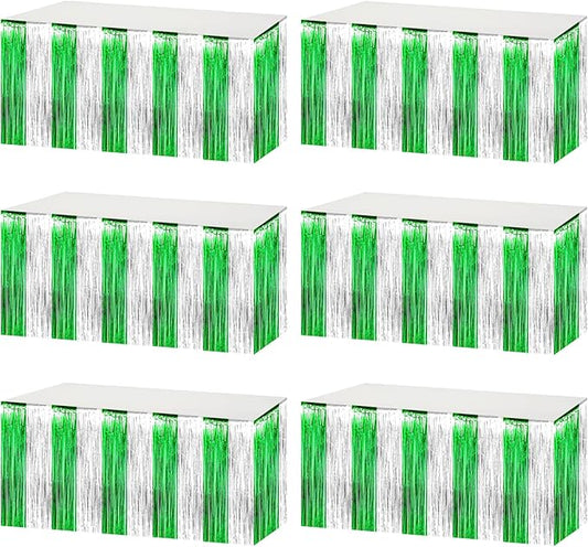 6 Pack 29x108 Inch Silver Green Metallic Foil Fringe Tinsel Table Skirts for Rectangle Tables Streamer Curtains Backdrop for Birthday, Parade Floats, Mardi Gras, St Patrick Day Party Decoration